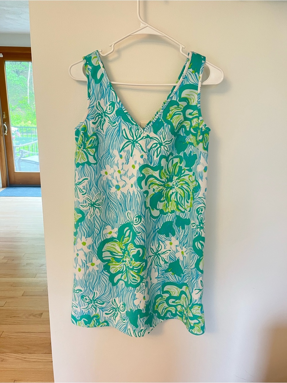 Lilly Pulitzer Turquoise, White & Lime Floral V-Neck Shift Dress
